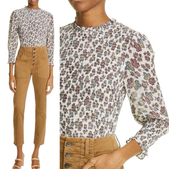 NWT Veronica Beard Kali Floral Print Smocked Blouse Sz 14 White Multicolor $398 - Picture 1 of 13